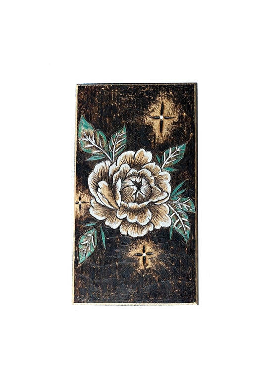 Wood Burned Flower on Rift Sawn White Oak